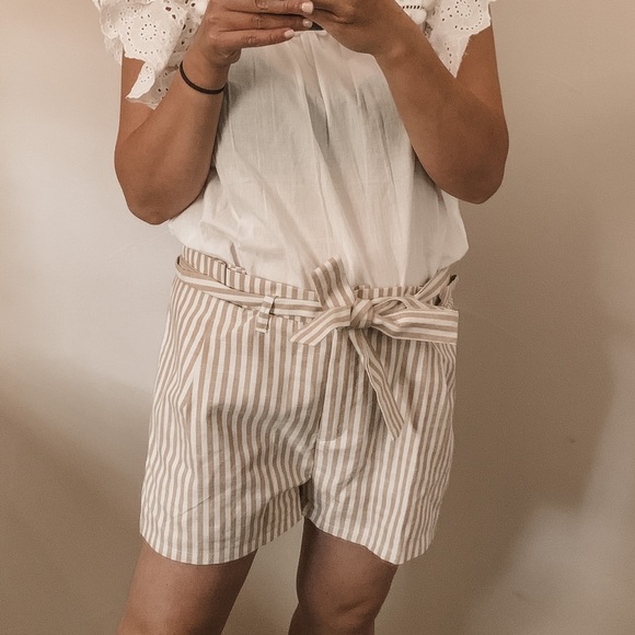 Love Tree- Tan‎ Striped High Rise Waist Tie Short. Size L - Picture 1 of 6